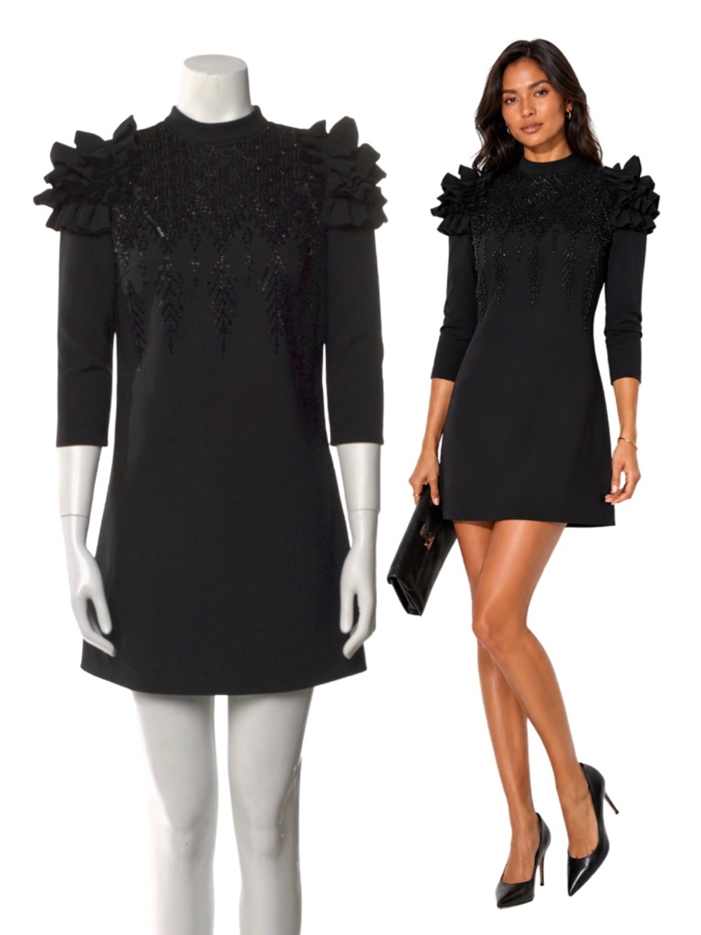$950 ELISABETTA FRANCHI Black Beaded Ruffle Shoulder Mini Dress Size XS